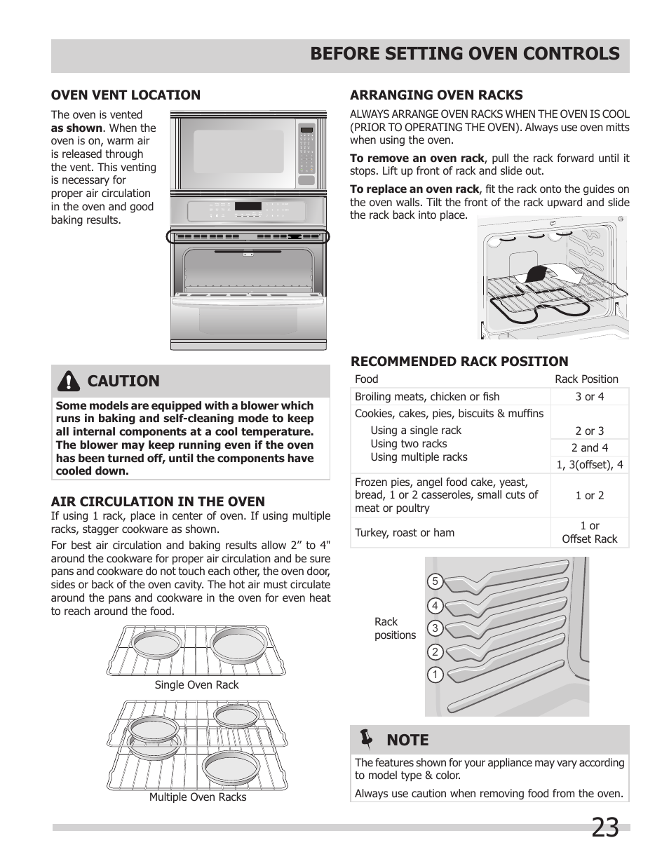 Before setting oven controls, Caution | FRIGIDAIRE FGMC2765PB User Manual | Page 23 / 48