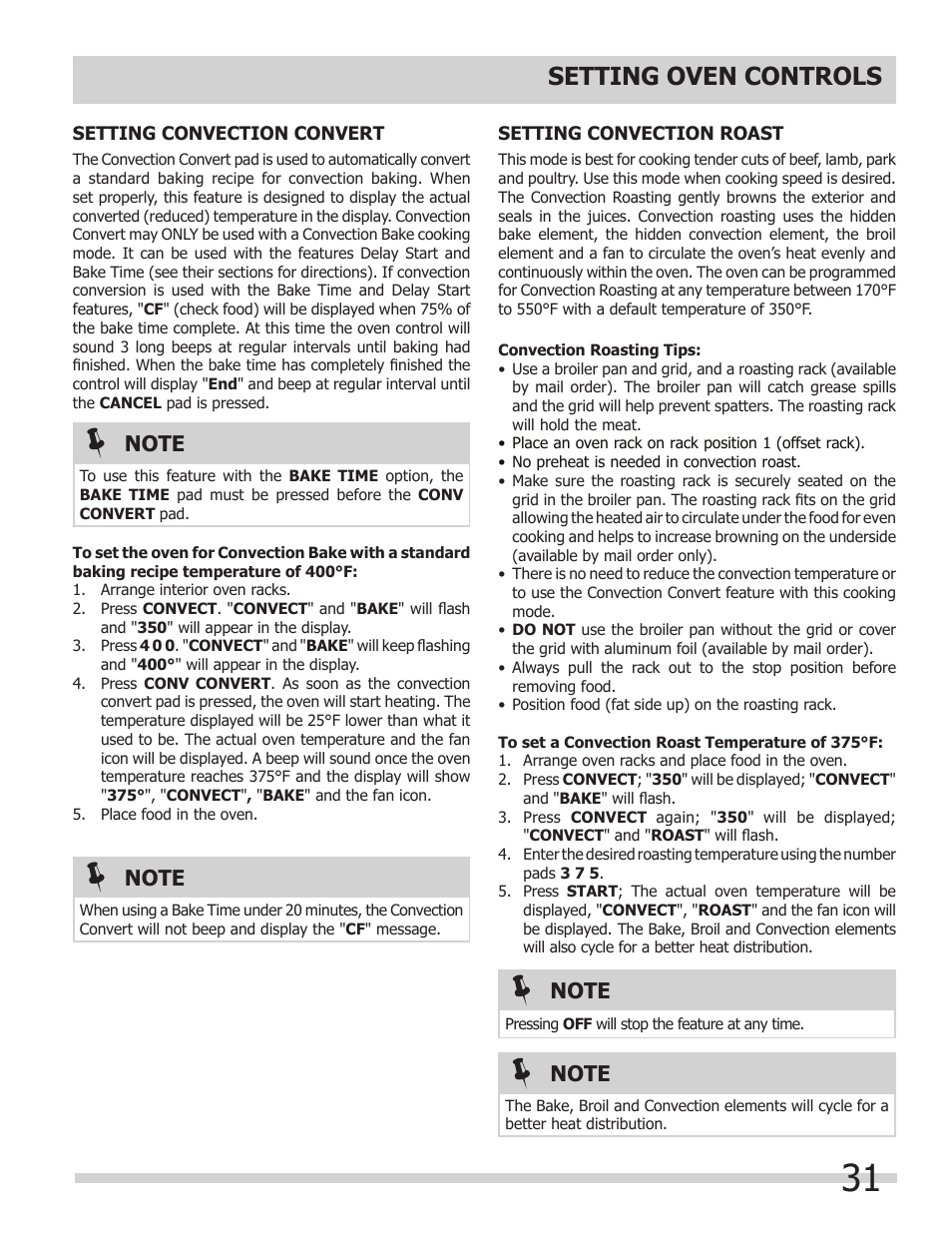 Setting oven controls | FRIGIDAIRE FGMC2765PB User Manual | Page 31 / 48