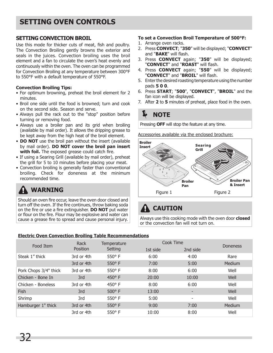 Setting oven controls, Warning, Caution | FRIGIDAIRE FGMC2765PB User Manual | Page 32 / 48