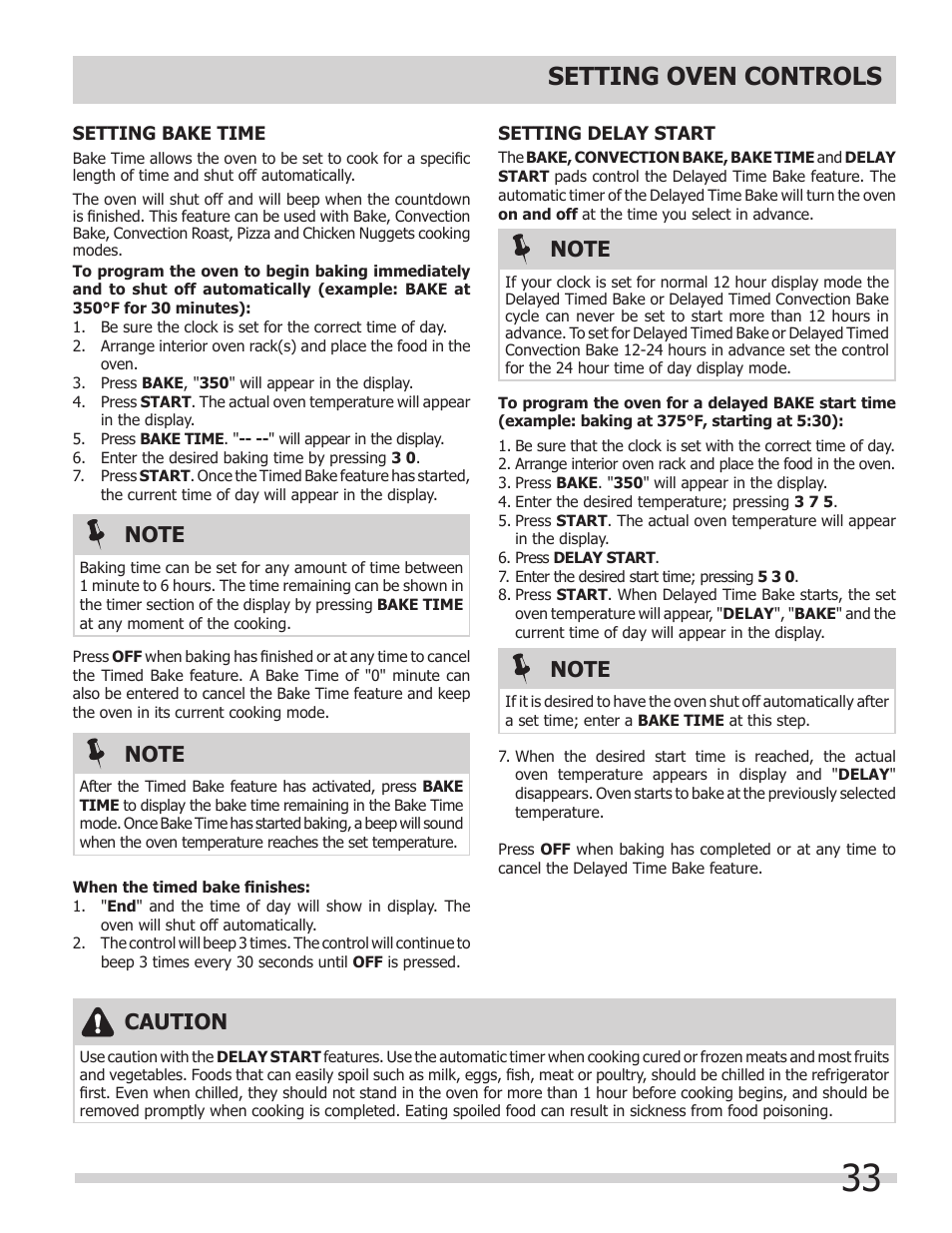 Setting oven controls, Caution | FRIGIDAIRE FGMC2765PB User Manual | Page 33 / 48