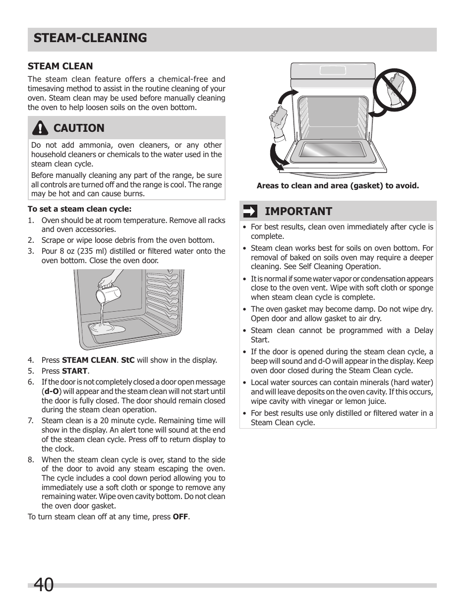 Steam-cleaning, Caution, Important | FRIGIDAIRE FGMC2765PB User Manual | Page 40 / 48