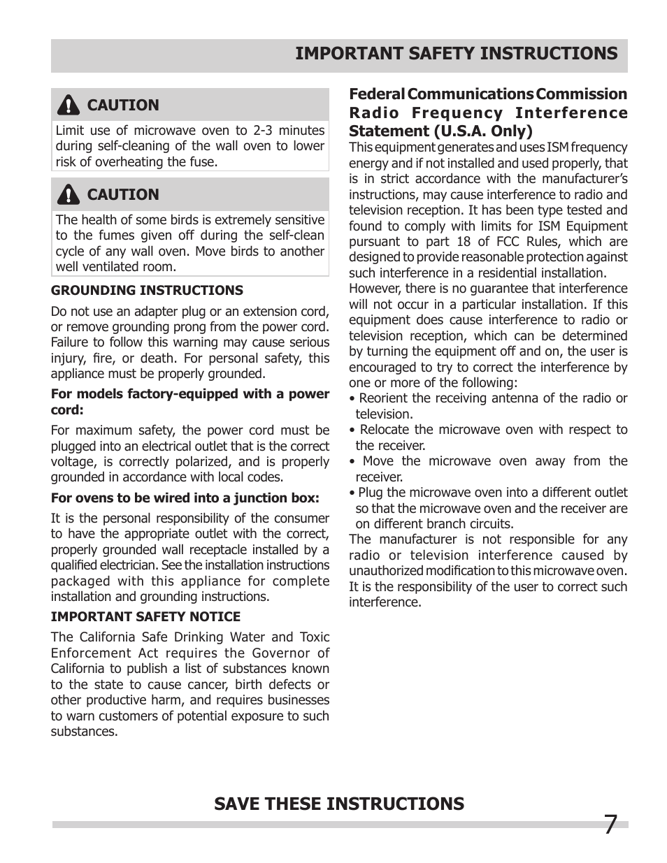Important safety instructions, Save these instructions | FRIGIDAIRE FGMC2765PB User Manual | Page 7 / 48