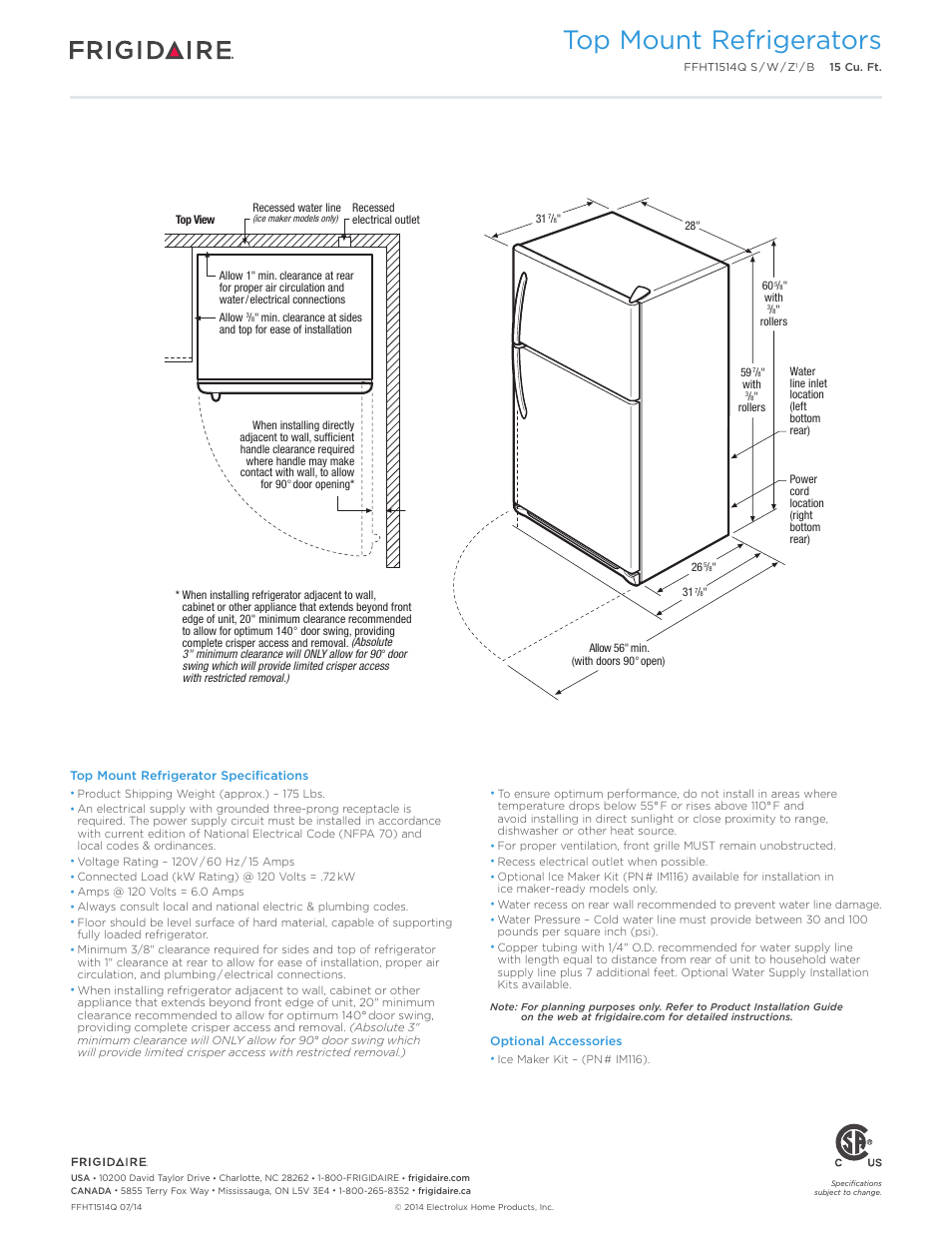 Top mount refrigerator - 15 cu. ft. baseline, Top mount refrigerators | FRIGIDAIRE FFHT1514QS User Manual | Page 3 / 4