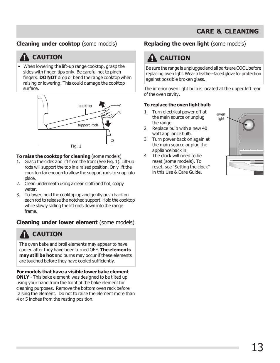Caution, Care & cleaning | FRIGIDAIRE FFEF3009PW User Manual | Page 13 / 16