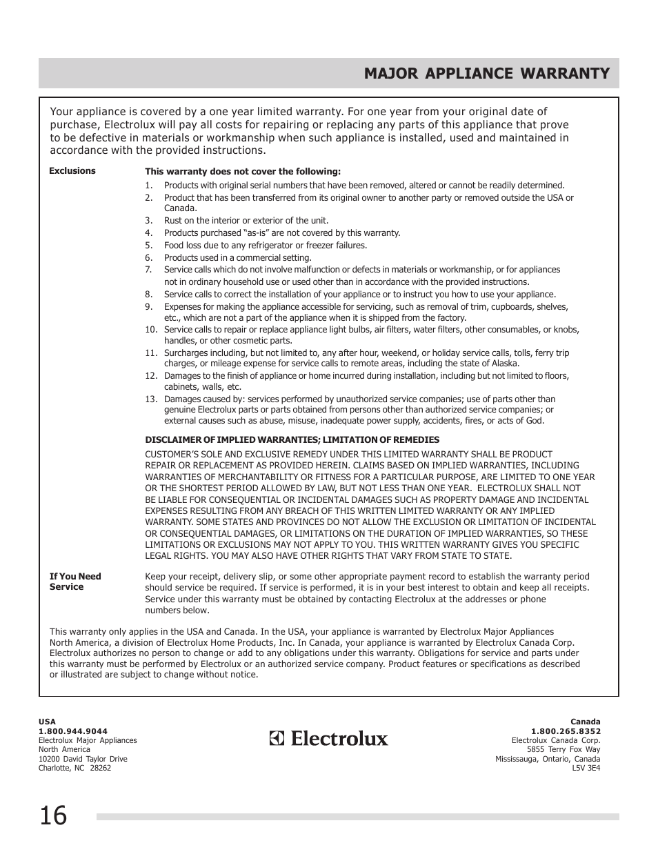 Major appliance warranty | FRIGIDAIRE FFEF3009PW User Manual | Page 16 / 16