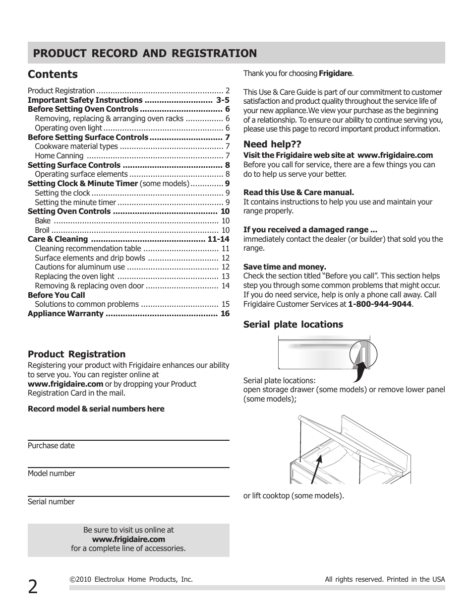 Product record and registration contents | FRIGIDAIRE FFEF3009PW User Manual | Page 2 / 16