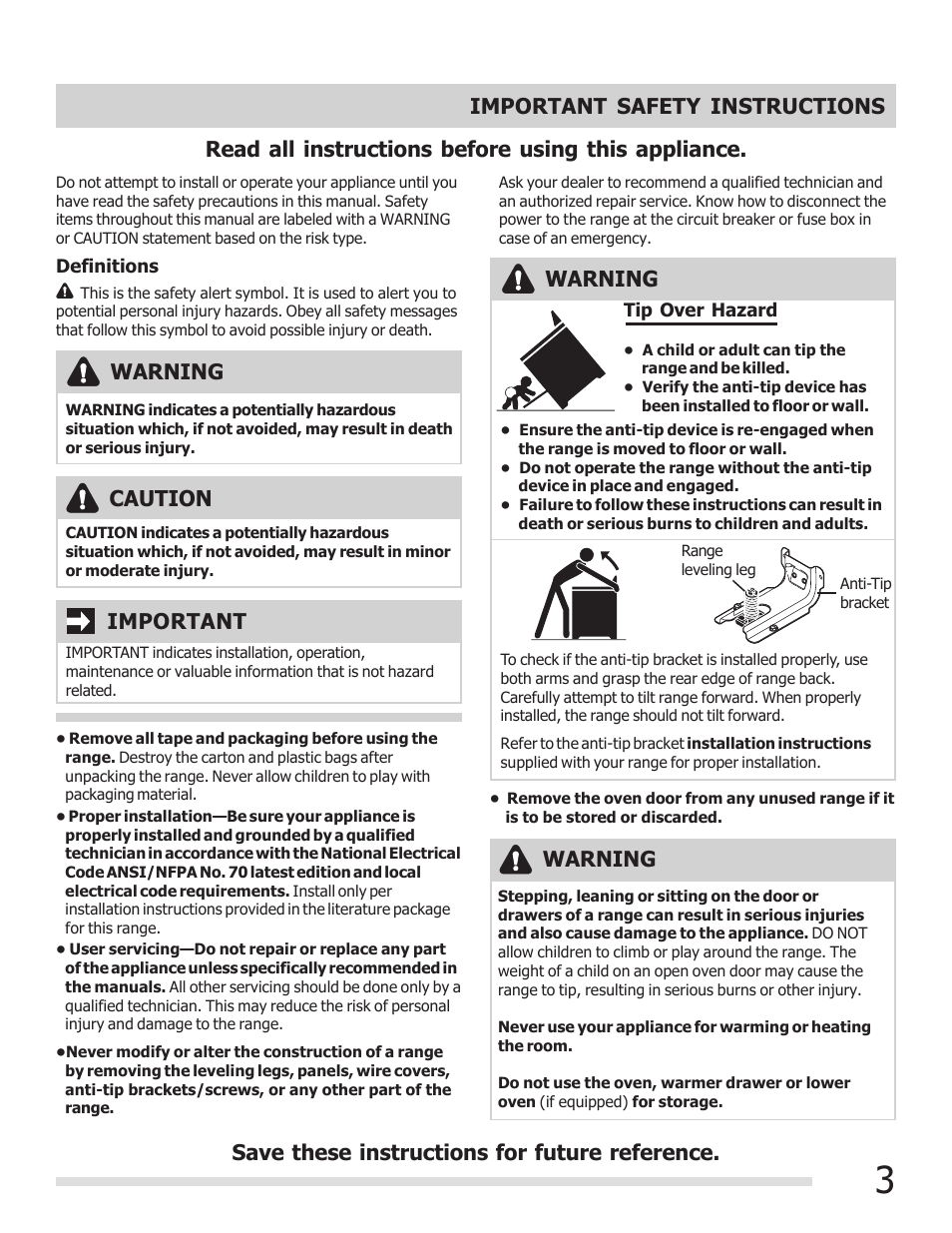 Read all instructions before using this appliance, Warning, Important | Caution | FRIGIDAIRE FFEF3009PW User Manual | Page 3 / 16
