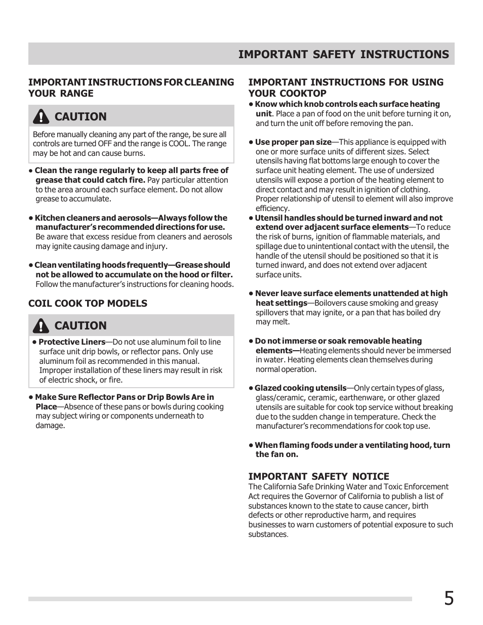 Important safety instructions, Caution | FRIGIDAIRE FFEF3009PW User Manual | Page 5 / 16