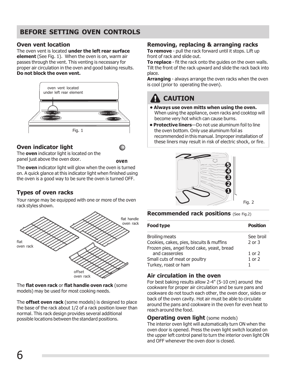 Before setting oven controls, Caution | FRIGIDAIRE FFEF3009PW User Manual | Page 6 / 16
