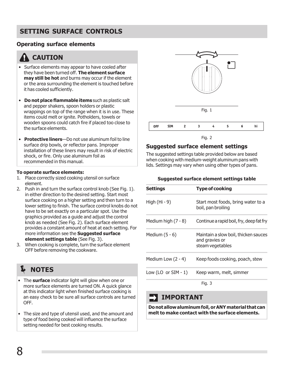 Setting surface controls, Caution, Important | FRIGIDAIRE FFEF3009PW User Manual | Page 8 / 16