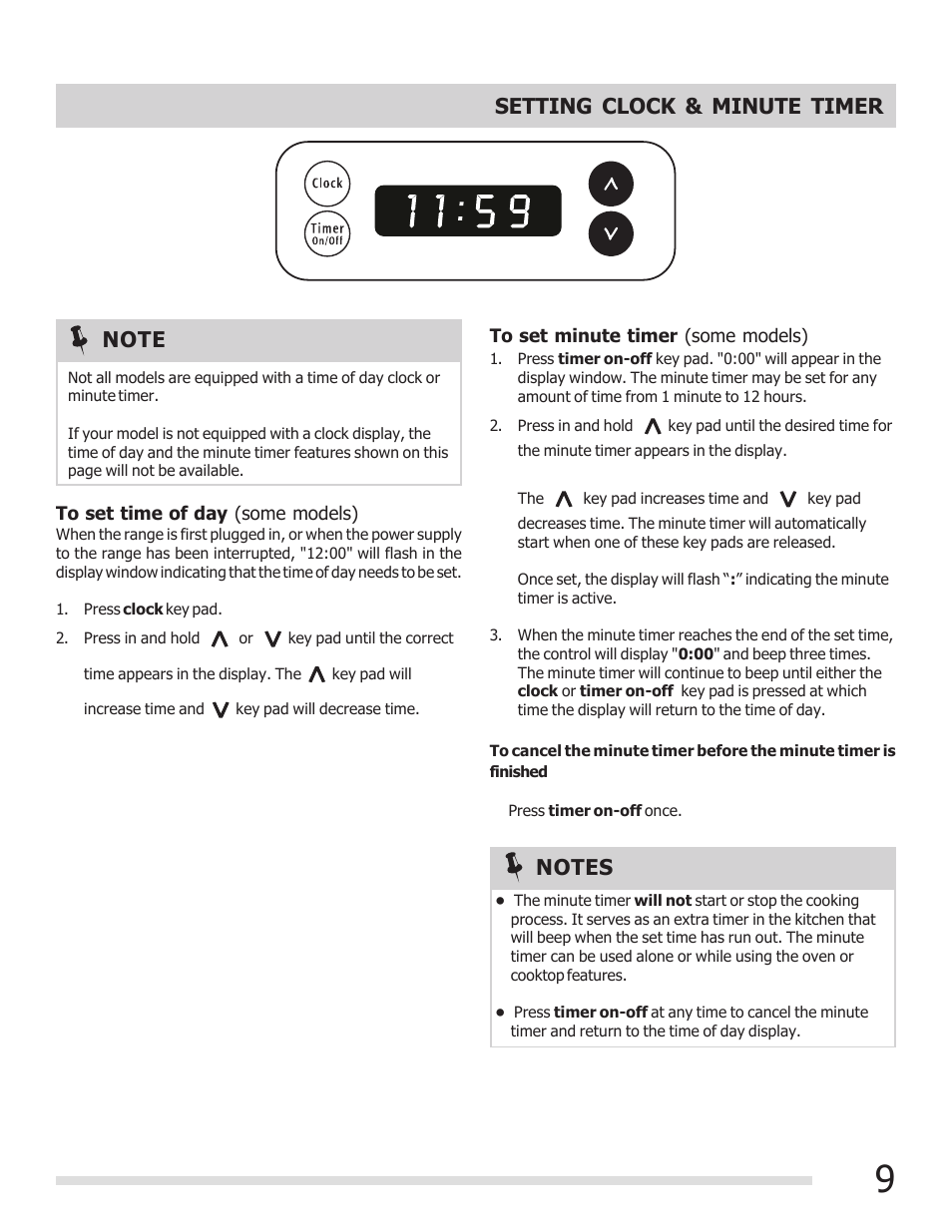 Setting clock & minute timer | FRIGIDAIRE FFEF3009PW User Manual | Page 9 / 16