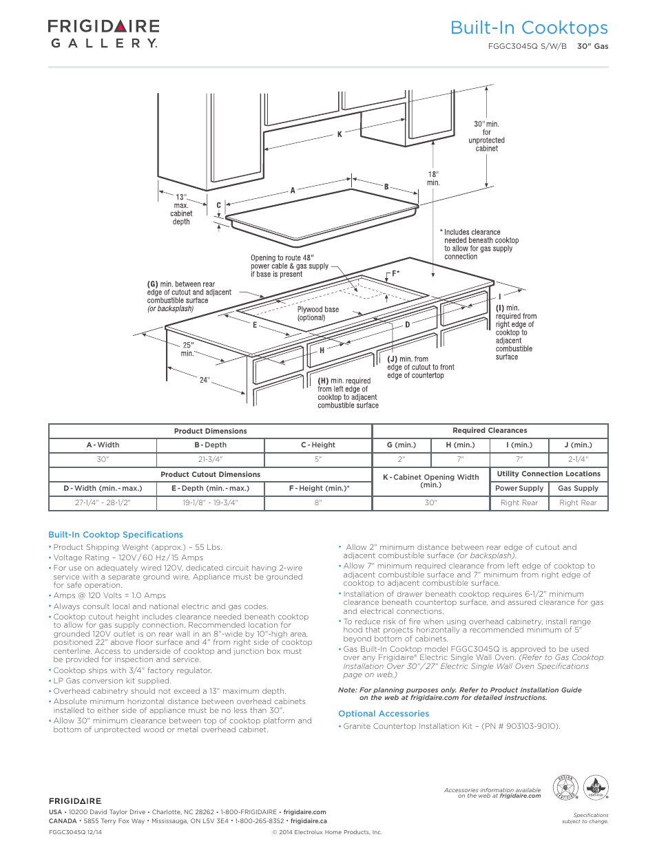 Drop-in gas cooktops (version 2), Professional / gallery / baseline, Built-in cooktops | Callouts must be charted per individual model) | FRIGIDAIRE FGGC3045QB User Manual | Page 3 / 5