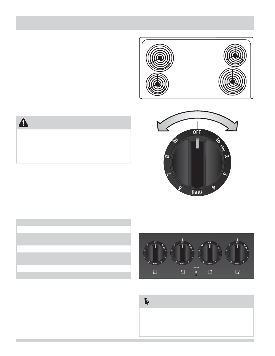 Setting surface controls, Caution | FRIGIDAIRE FFEF4017LB User Manual | Page 10 / 32