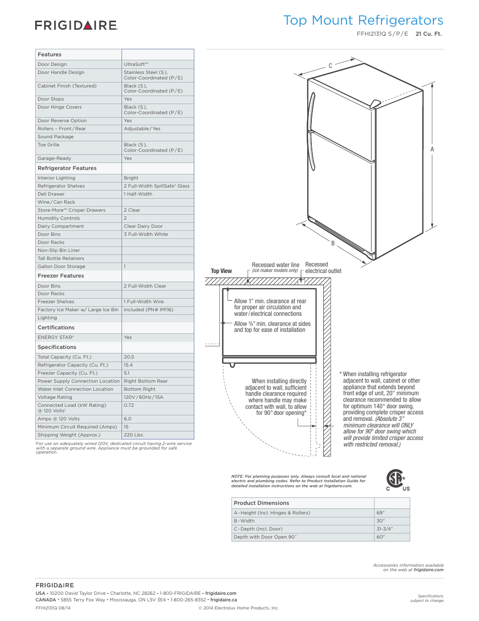 Top mount refrigerators frigidaire baseline, Top mount refrigerators | FRIGIDAIRE FFHI2131QS User Manual | Page 2 / 4