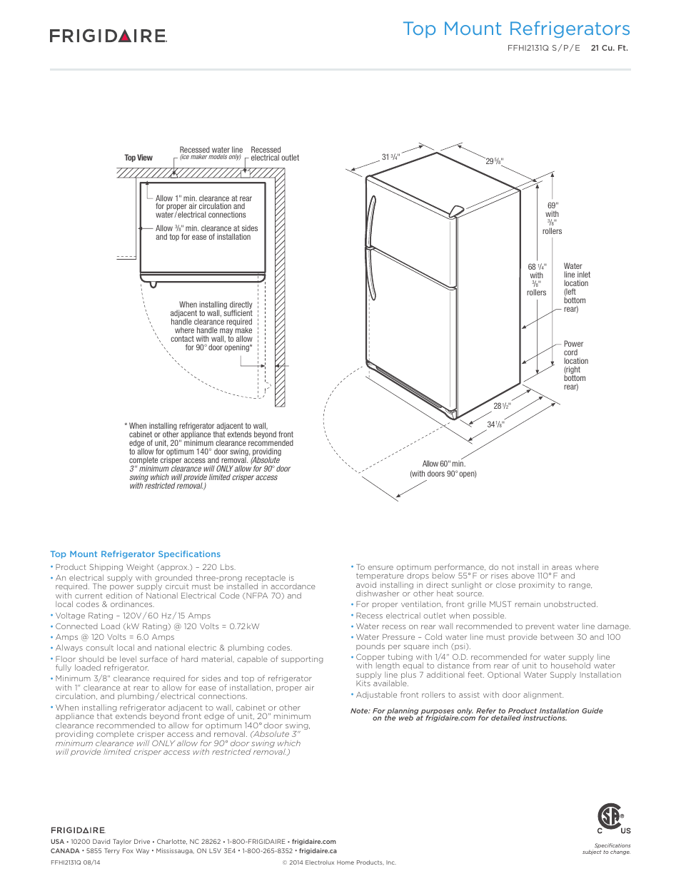 Top mount refrigerators | FRIGIDAIRE FFHI2131QS User Manual | Page 3 / 4