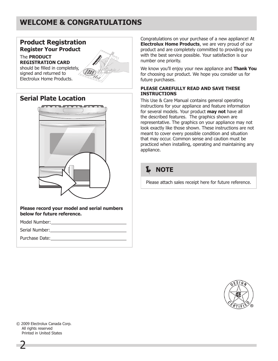 Product registration, Serial plate location | FRIGIDAIRE FFGS3025LS User Manual | Page 2 / 24