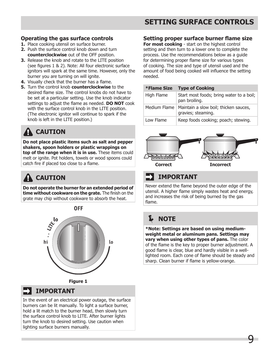 Setting surface controls, Important, Caution | FRIGIDAIRE FFGS3025LS User Manual | Page 9 / 24