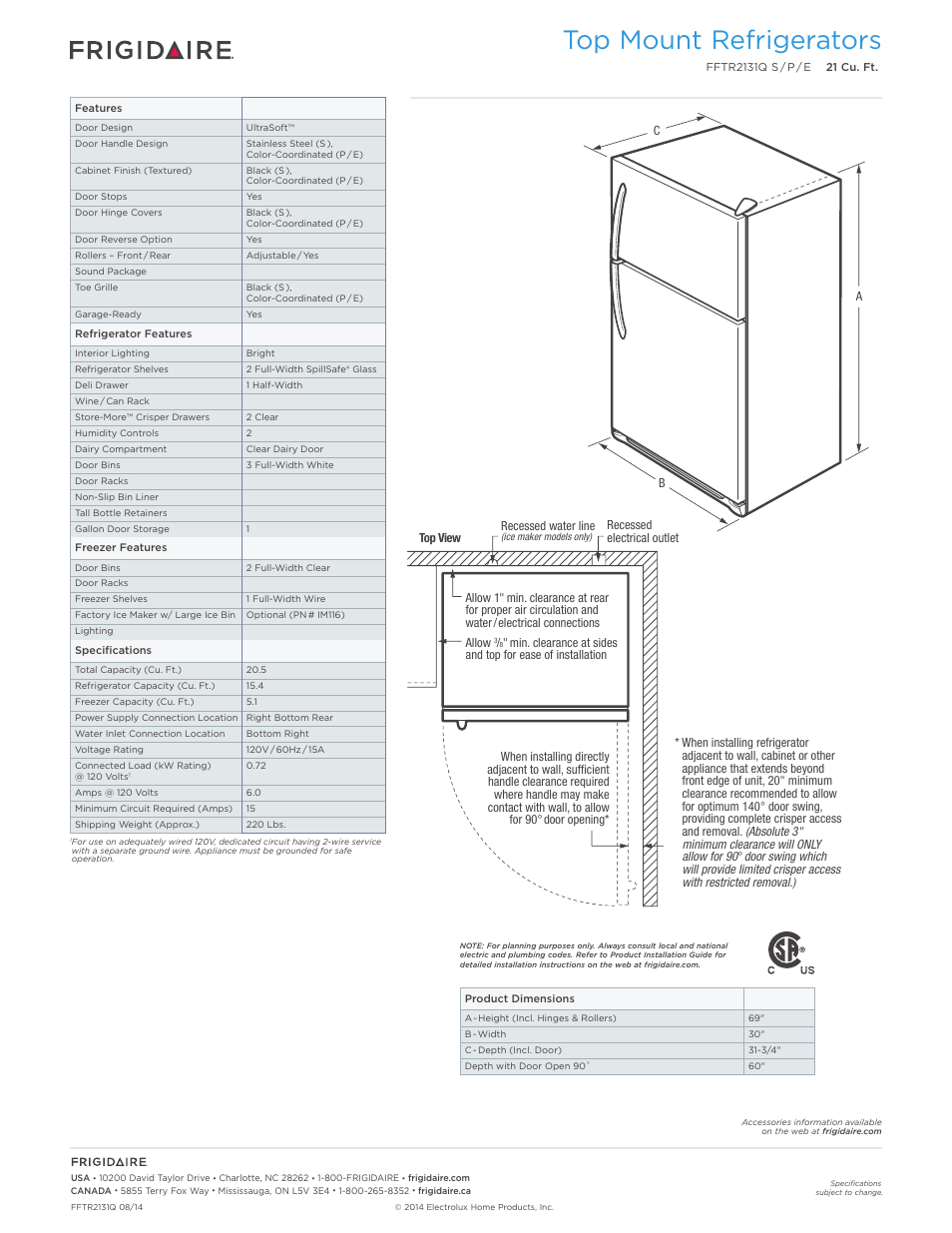 Top mount refrigerators frigidaire baseline, Top mount refrigerators | FRIGIDAIRE FFTR2131QP User Manual | Page 2 / 4