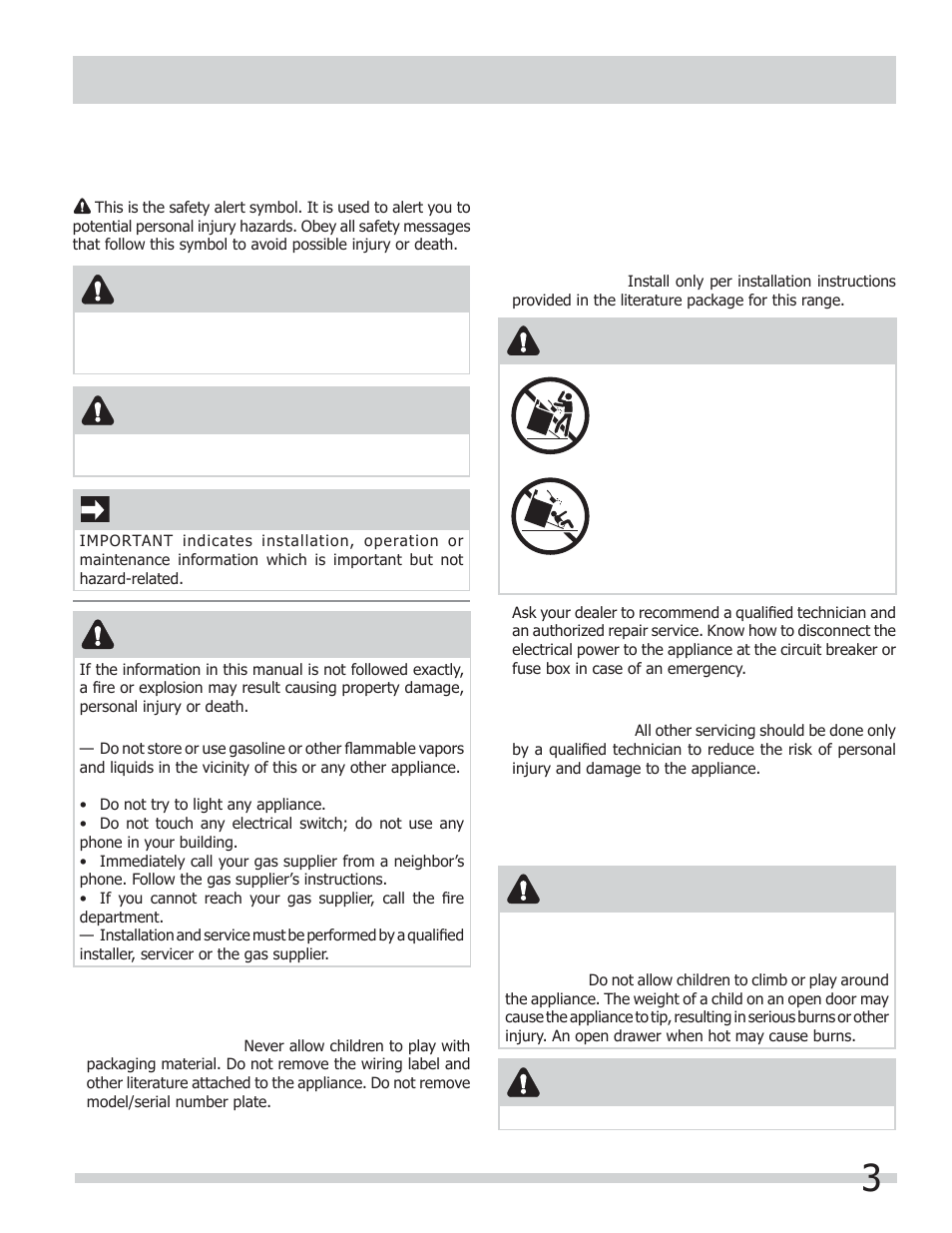 Important safety instructions, Warning, Important | Caution | FRIGIDAIRE FGGF301DNB User Manual | Page 3 / 28