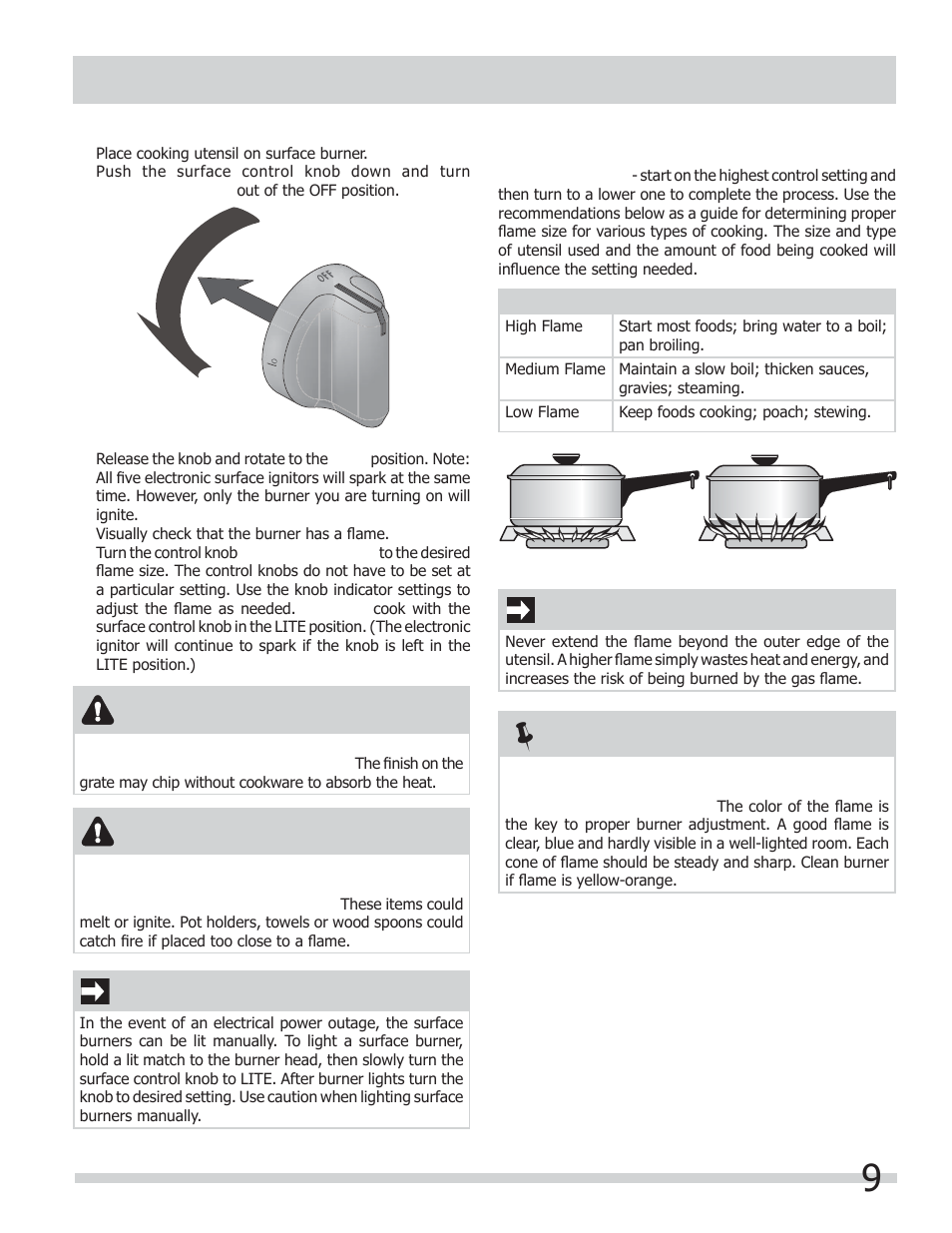 Setting surface controls, Important, Caution | FRIGIDAIRE FGGF301DNB User Manual | Page 9 / 28