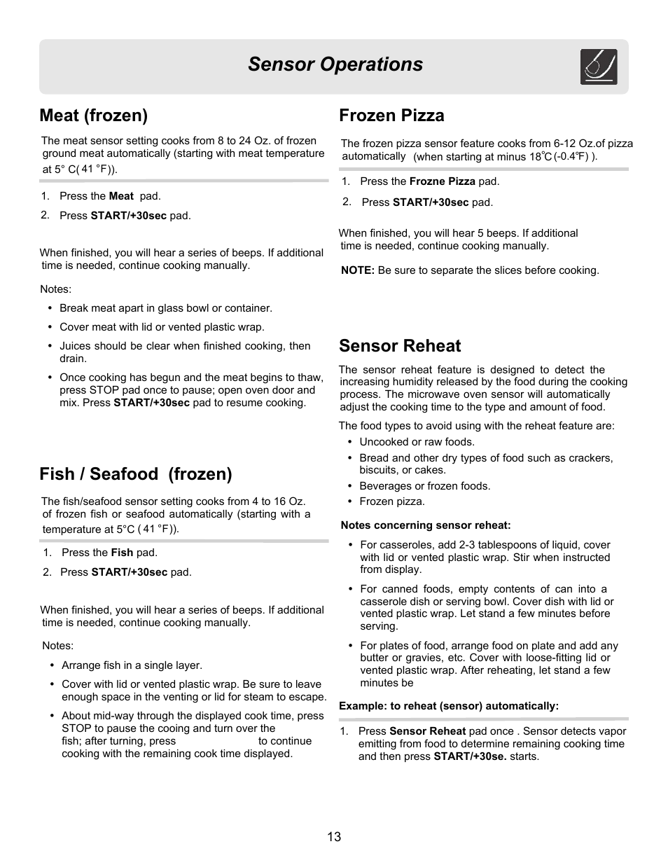 Sensor operations, Meat (frozen), Fish / seafood (frozen) | Sensor reheat, Frozen pizza | FRIGIDAIRE FFCE1439LB User Manual | Page 13 / 20