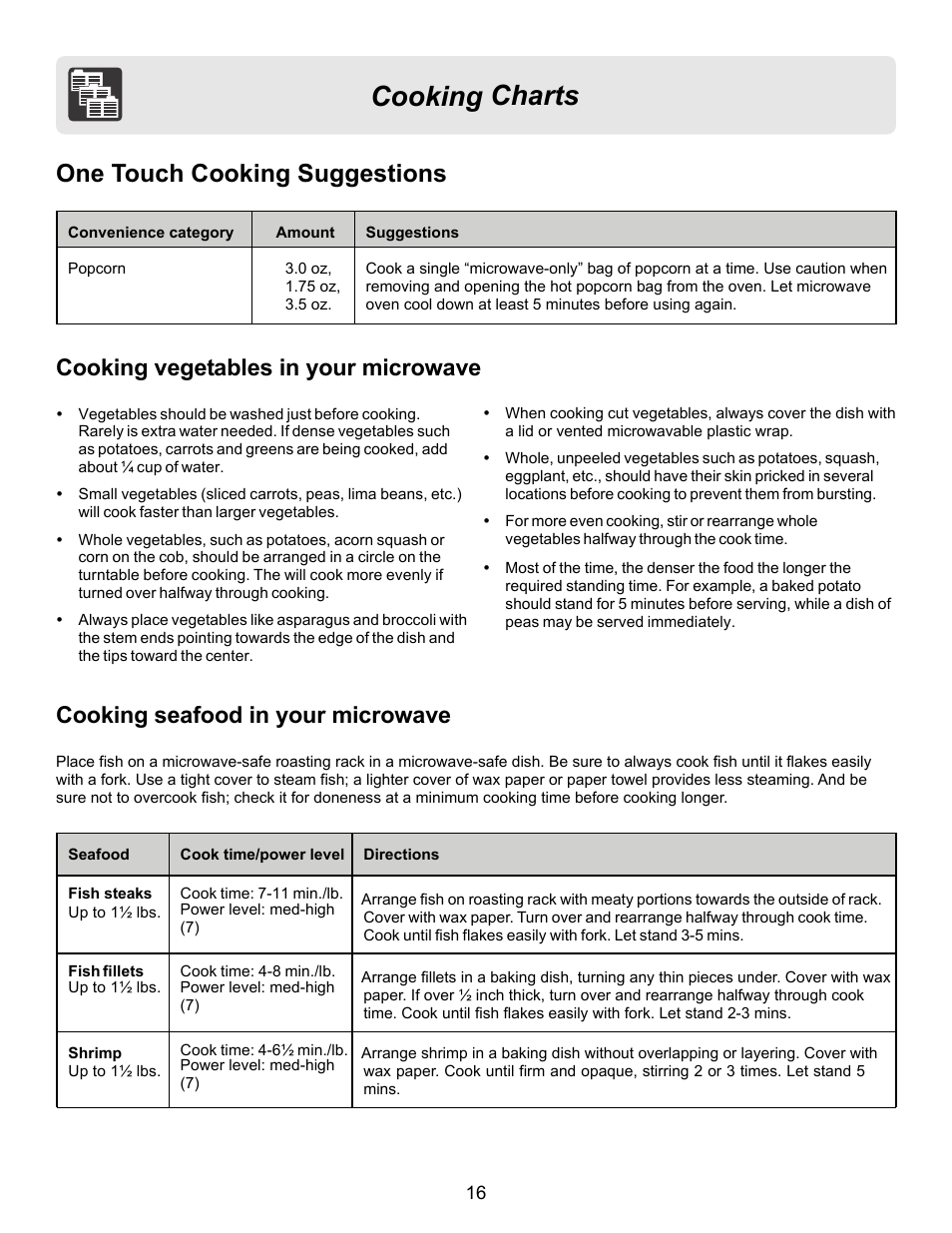 Cooking charts, One touch cooking suggestions, Cooking vegetables in your microwave | Cooking seafood in your microwave | FRIGIDAIRE FFCE1439LB User Manual | Page 16 / 20
