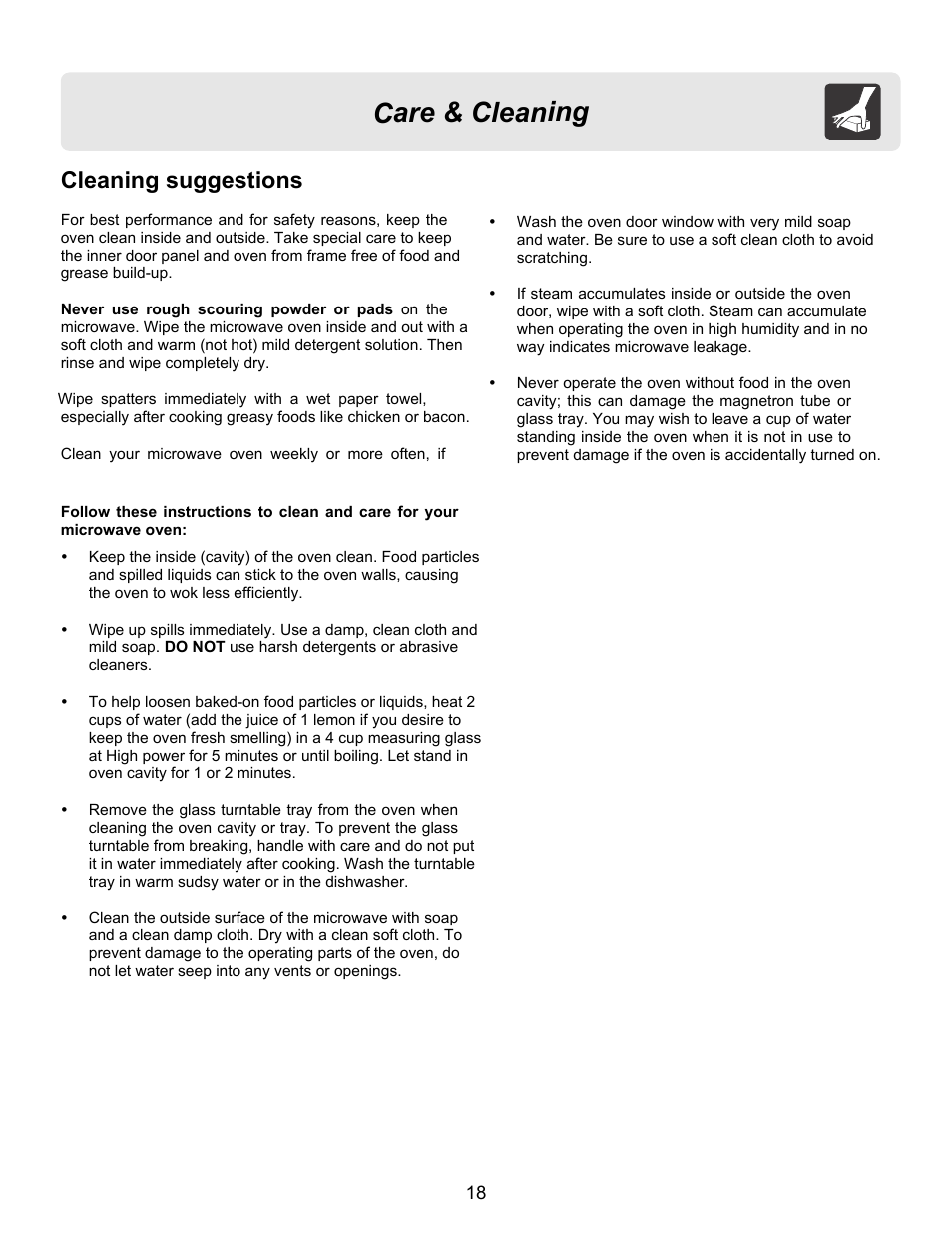 Care & cleaning, Cleaning suggestions | FRIGIDAIRE FFCE1439LB User Manual | Page 18 / 20