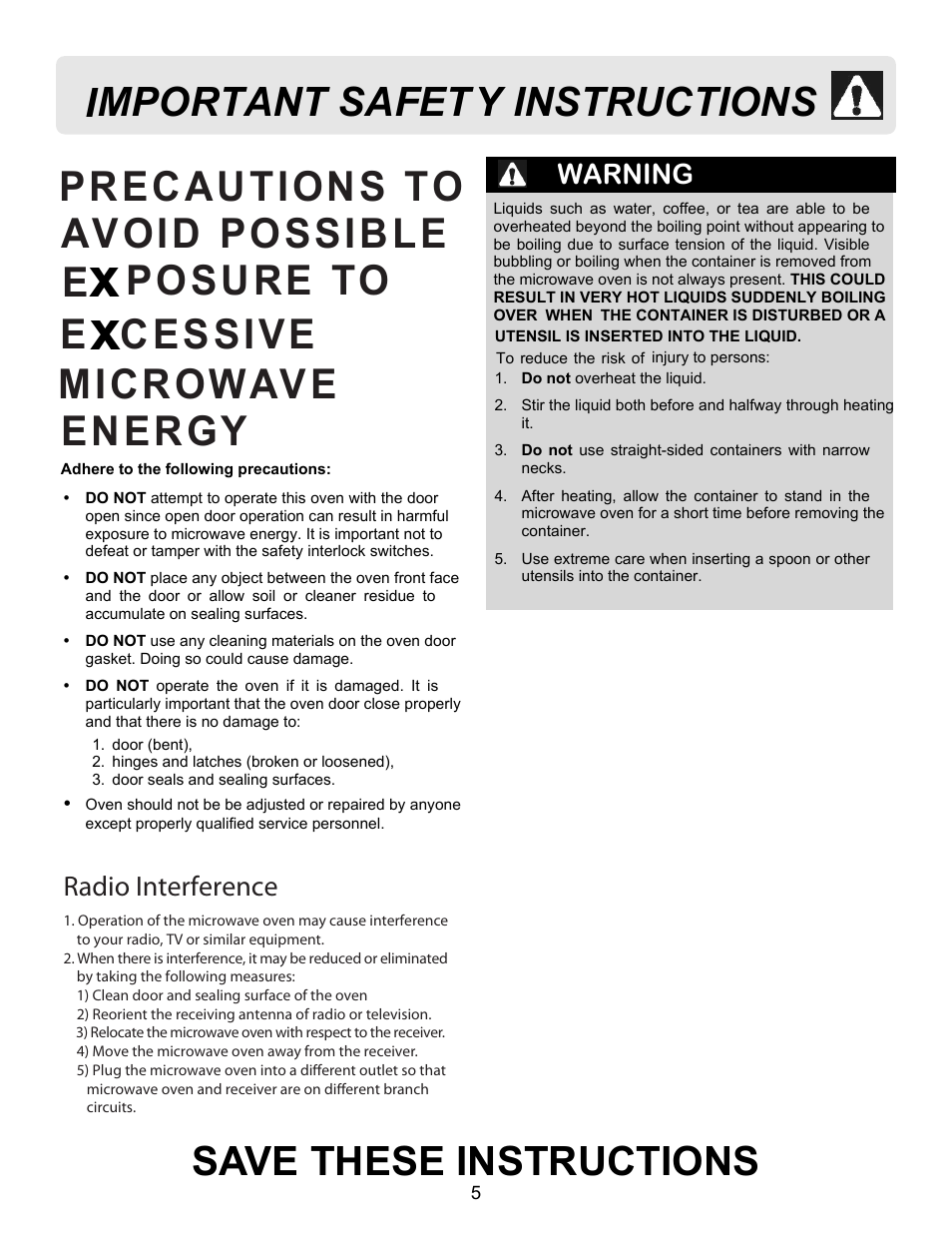Save these instructions, Mportant safet y instructions, Warning | Radio interference | FRIGIDAIRE FFCE1439LB User Manual | Page 5 / 20