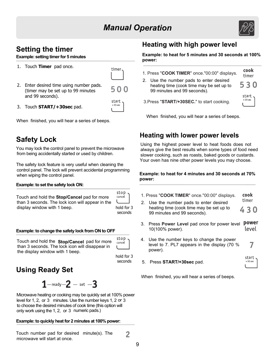 Manual operation, Safety lock using ready set, Setting the timer | Heating with lower power levels, Heating with high power level | FRIGIDAIRE FFCE1439LB User Manual | Page 9 / 20