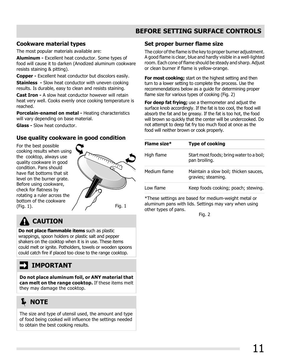 Caution important, Before setting surface controls | FRIGIDAIRE FGGF3054MW User Manual | Page 11 / 40