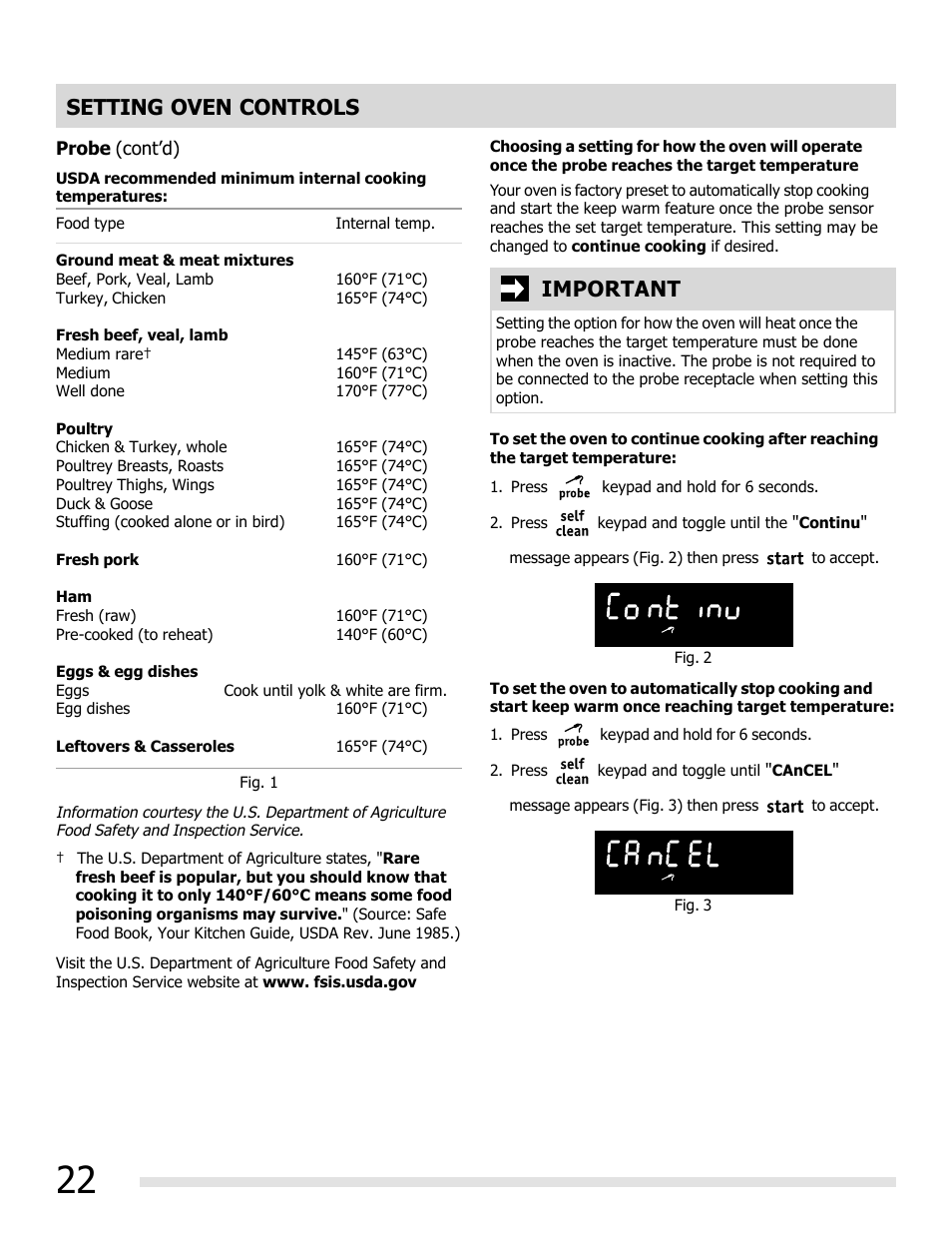 Setting oven controls, Important | FRIGIDAIRE FGGF3054MW User Manual | Page 22 / 40