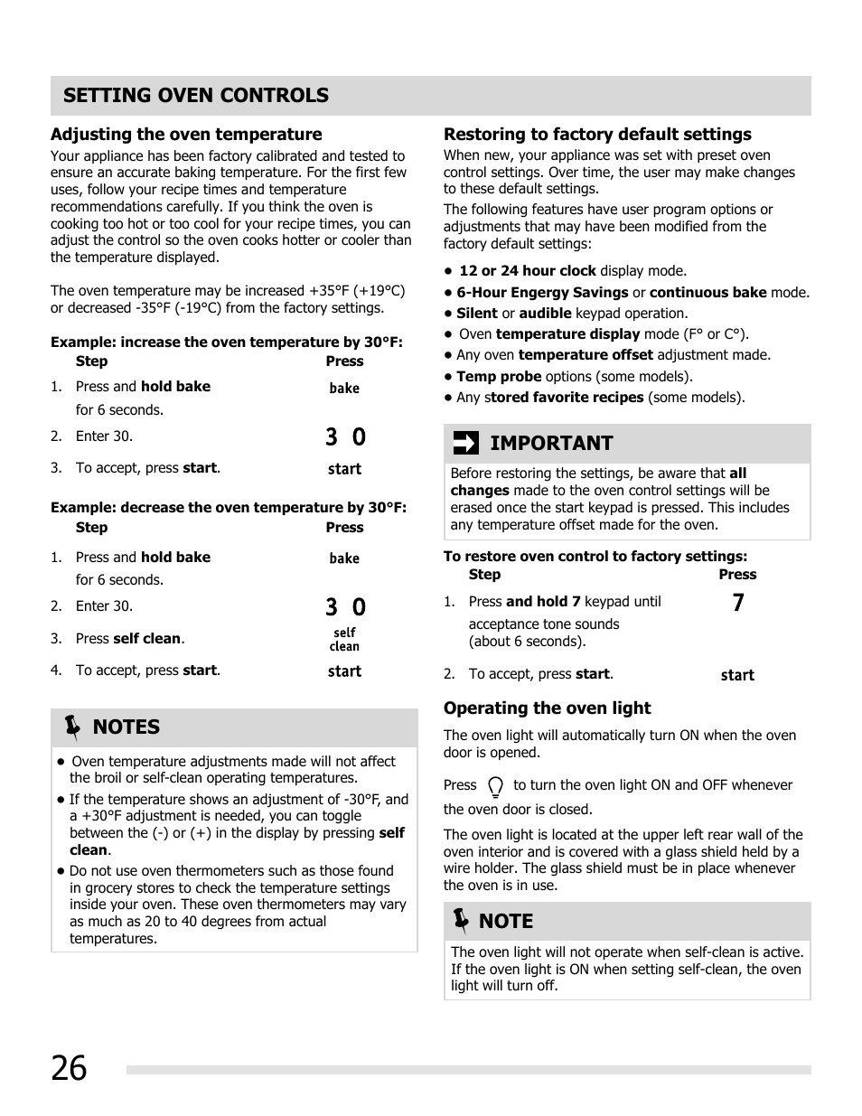 Setting oven controls, Important | FRIGIDAIRE FGGF3054MW User Manual | Page 26 / 40