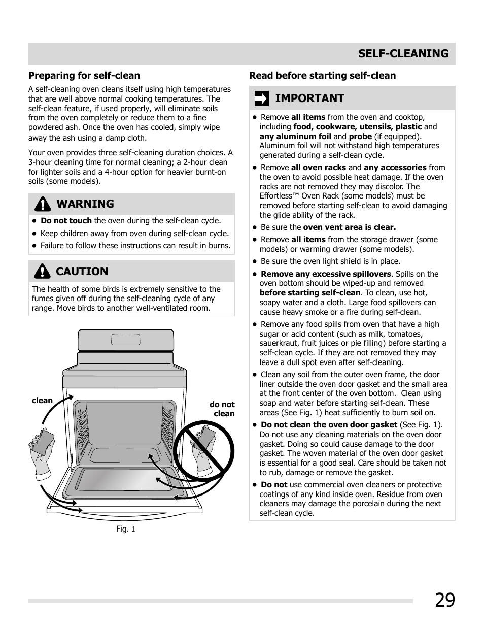 Self-cleaning, Warning, Caution | Important | FRIGIDAIRE FGGF3054MW User Manual | Page 29 / 40