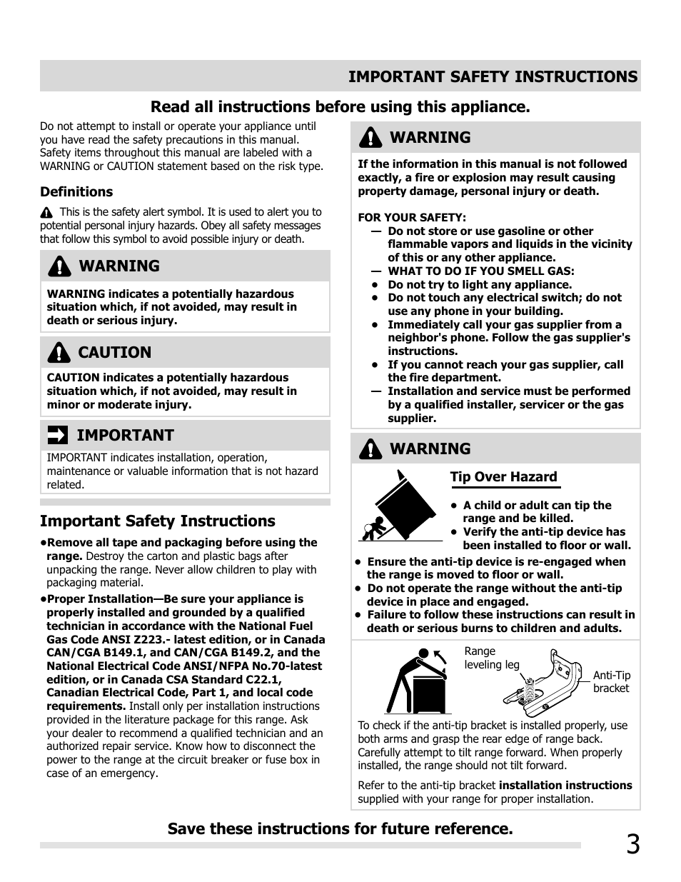 Read all instructions before using this appliance, Important, Caution | Important safety instructions warning, Warning | FRIGIDAIRE FGGF3054MW User Manual | Page 3 / 40