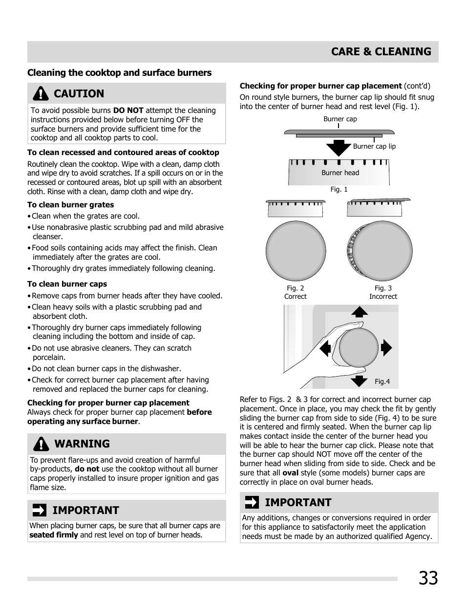 Caution, Warning, Important | Care & cleaning | FRIGIDAIRE FGGF3054MW User Manual | Page 33 / 40