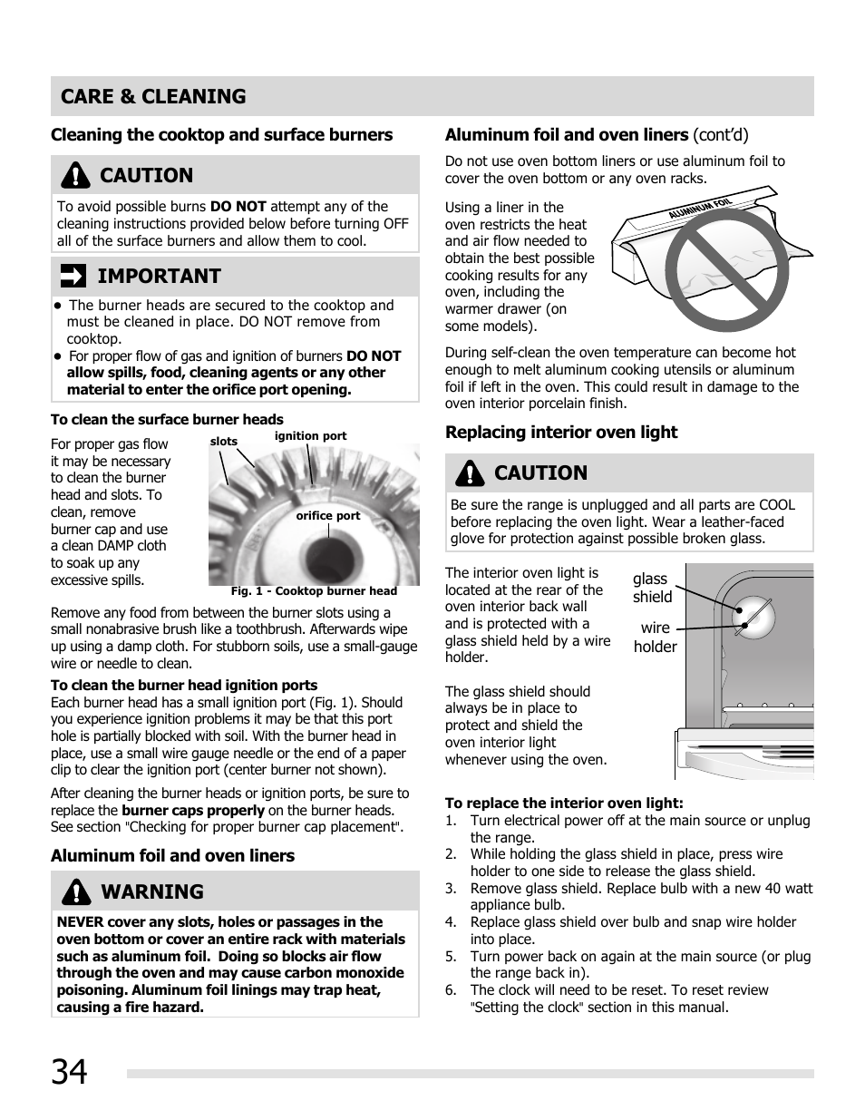 Care & cleaning, Caution, Warning | Important | FRIGIDAIRE FGGF3054MW User Manual | Page 34 / 40