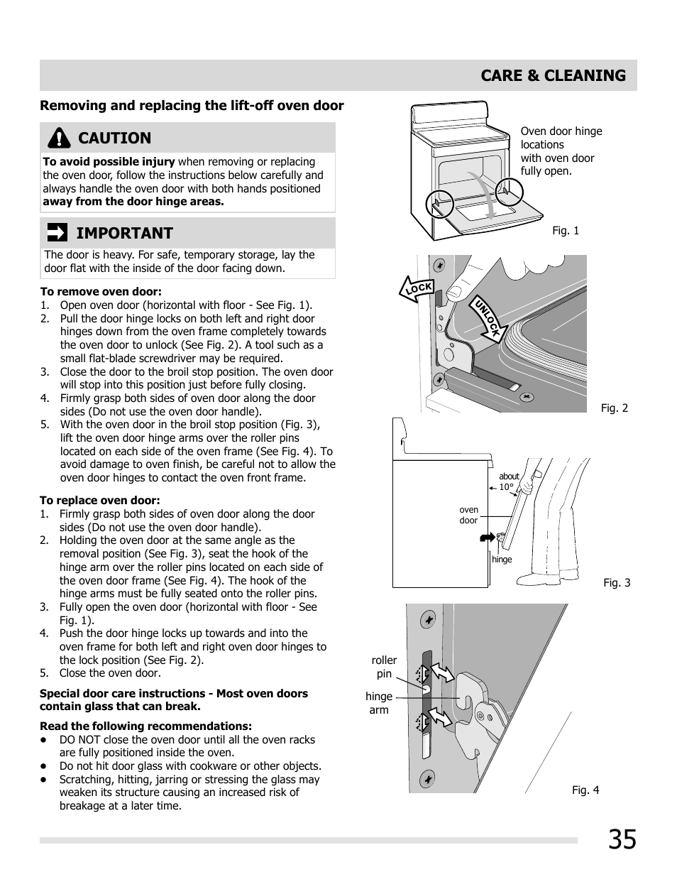 Caution, Important care & cleaning | FRIGIDAIRE FGGF3054MW User Manual | Page 35 / 40