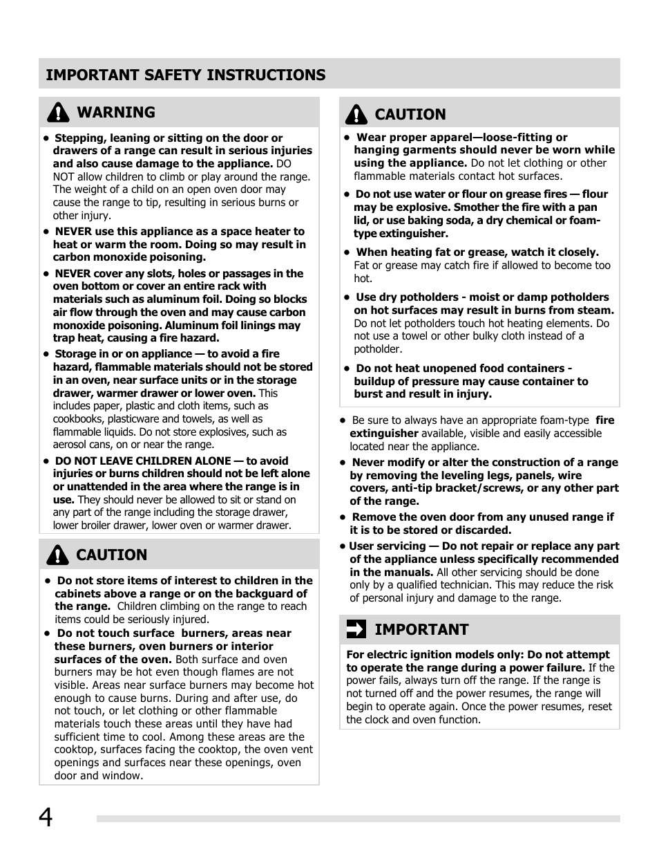 Important safety instructions, Warning, Caution | Important caution | FRIGIDAIRE FGGF3054MW User Manual | Page 4 / 40