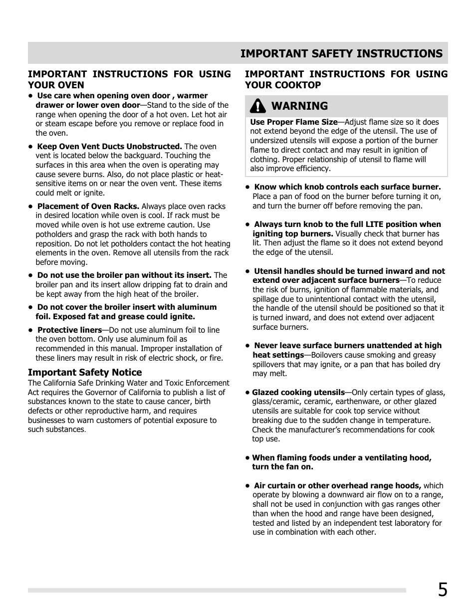 Important safety instructions, Warning | FRIGIDAIRE FGGF3054MW User Manual | Page 5 / 40