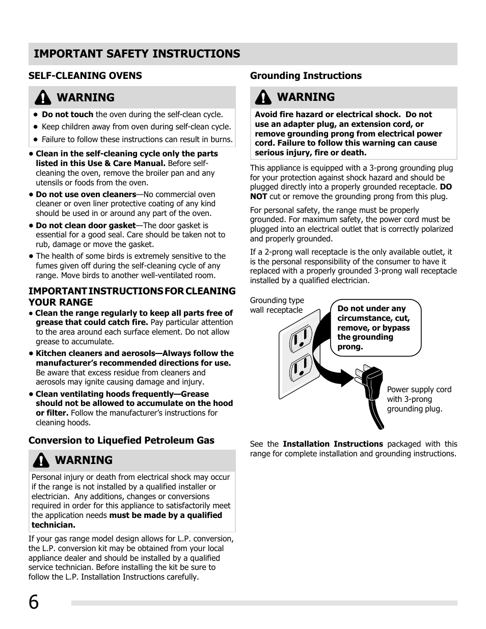 Important safety instructions warning, Warning | FRIGIDAIRE FGGF3054MW User Manual | Page 6 / 40