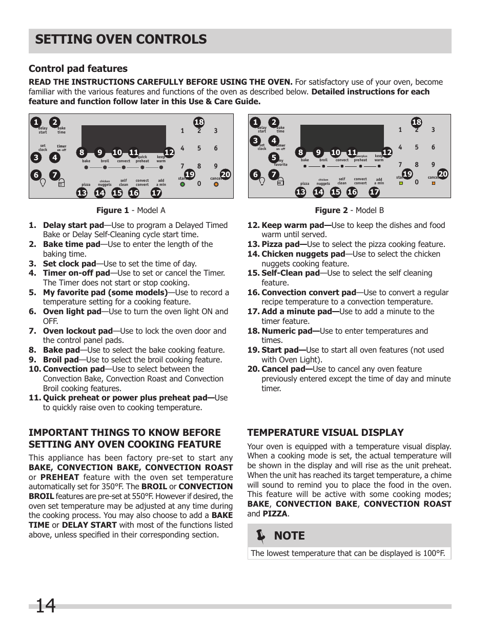 Setting oven controls, Control pad features, Temperature visual display | FRIGIDAIRE FPDS3085KF User Manual | Page 14 / 40