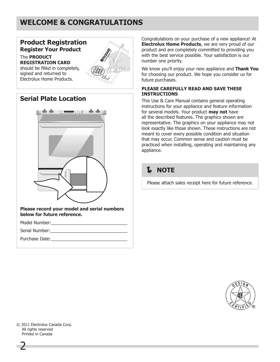 Product registration, Serial plate location | FRIGIDAIRE FPDS3085KF User Manual | Page 2 / 40