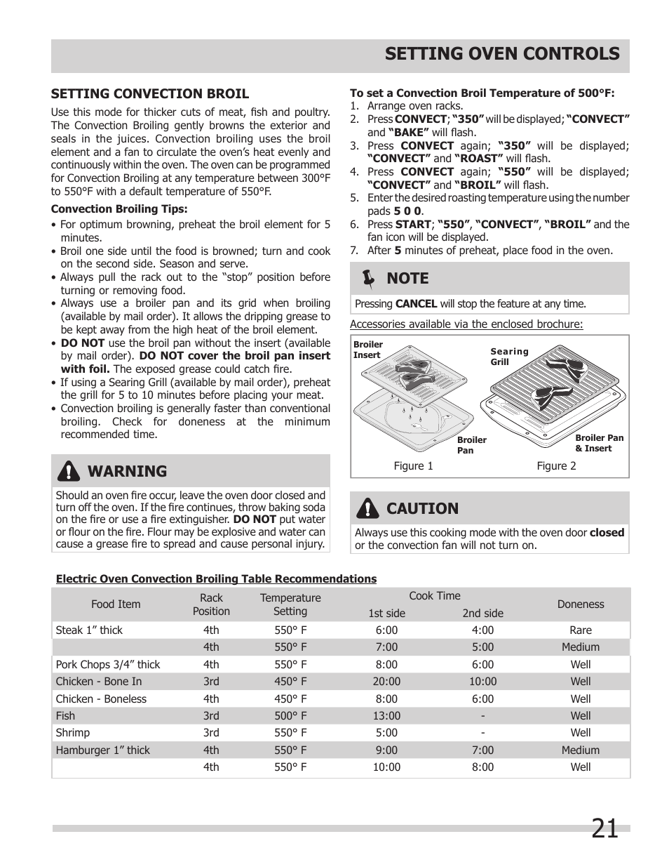 Setting oven controls, Warning, Caution | FRIGIDAIRE FPDS3085KF User Manual | Page 21 / 40