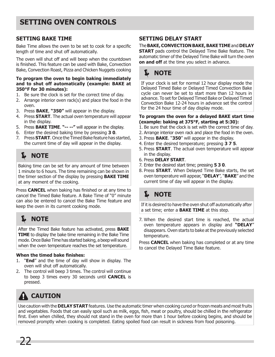 Setting oven controls, Caution | FRIGIDAIRE FPDS3085KF User Manual | Page 22 / 40