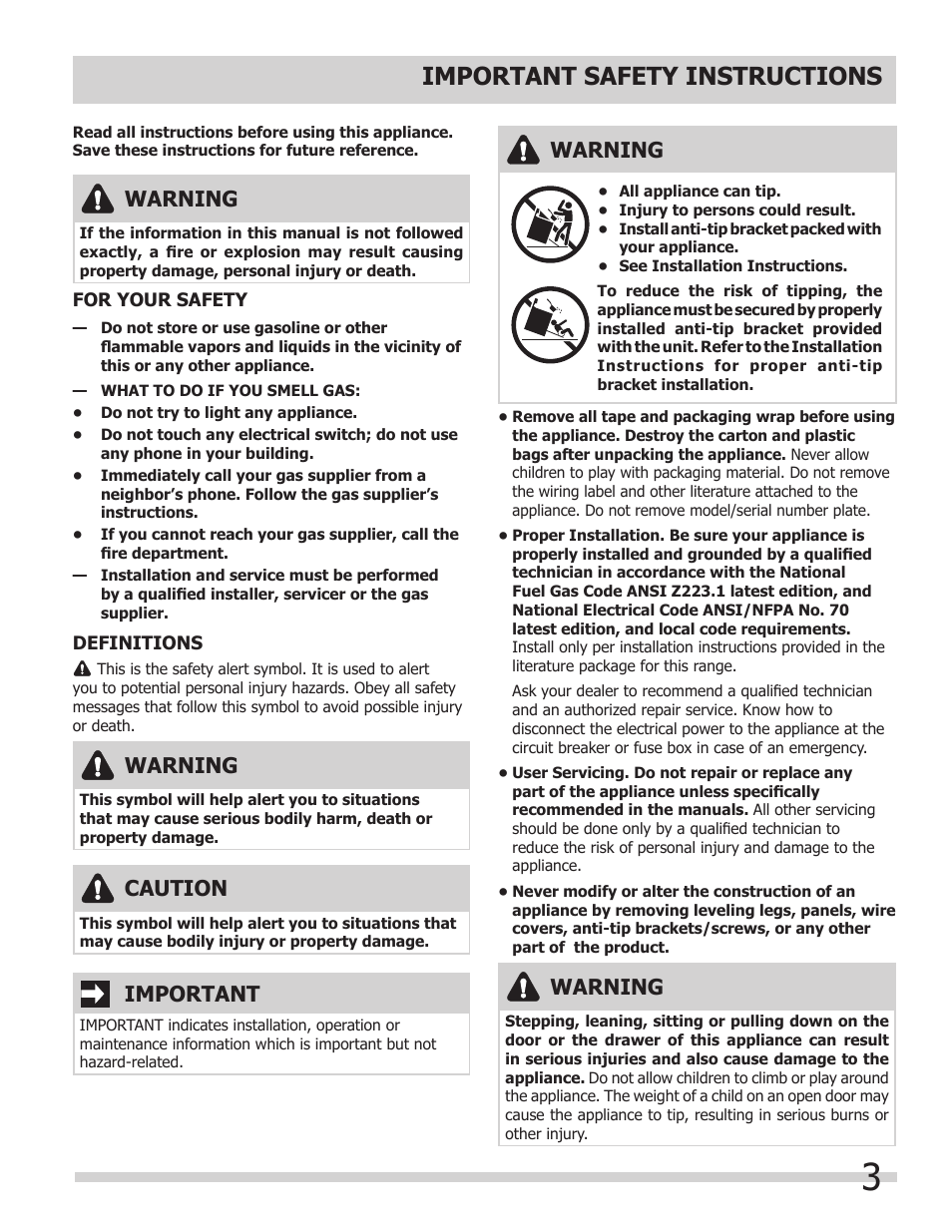 Important safety instructions, Warning, Important | Caution | FRIGIDAIRE FPDS3085KF User Manual | Page 3 / 40
