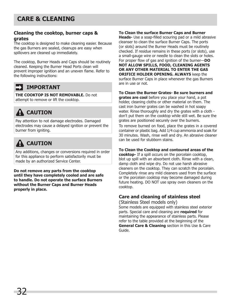 Care & cleaning, Important, Caution | FRIGIDAIRE FPDS3085KF User Manual | Page 32 / 40
