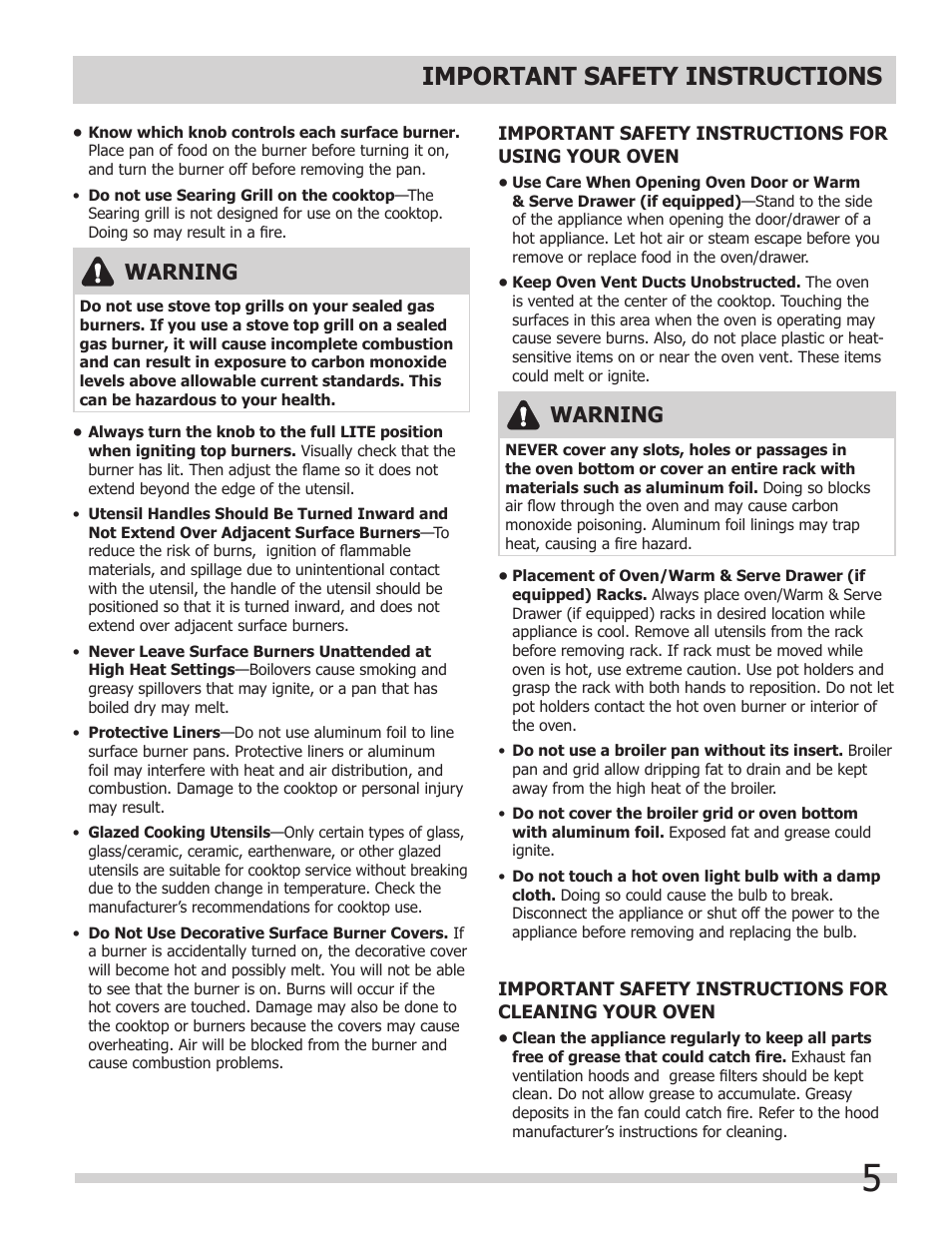 Important safety instructions, Warning | FRIGIDAIRE FPDS3085KF User Manual | Page 5 / 40