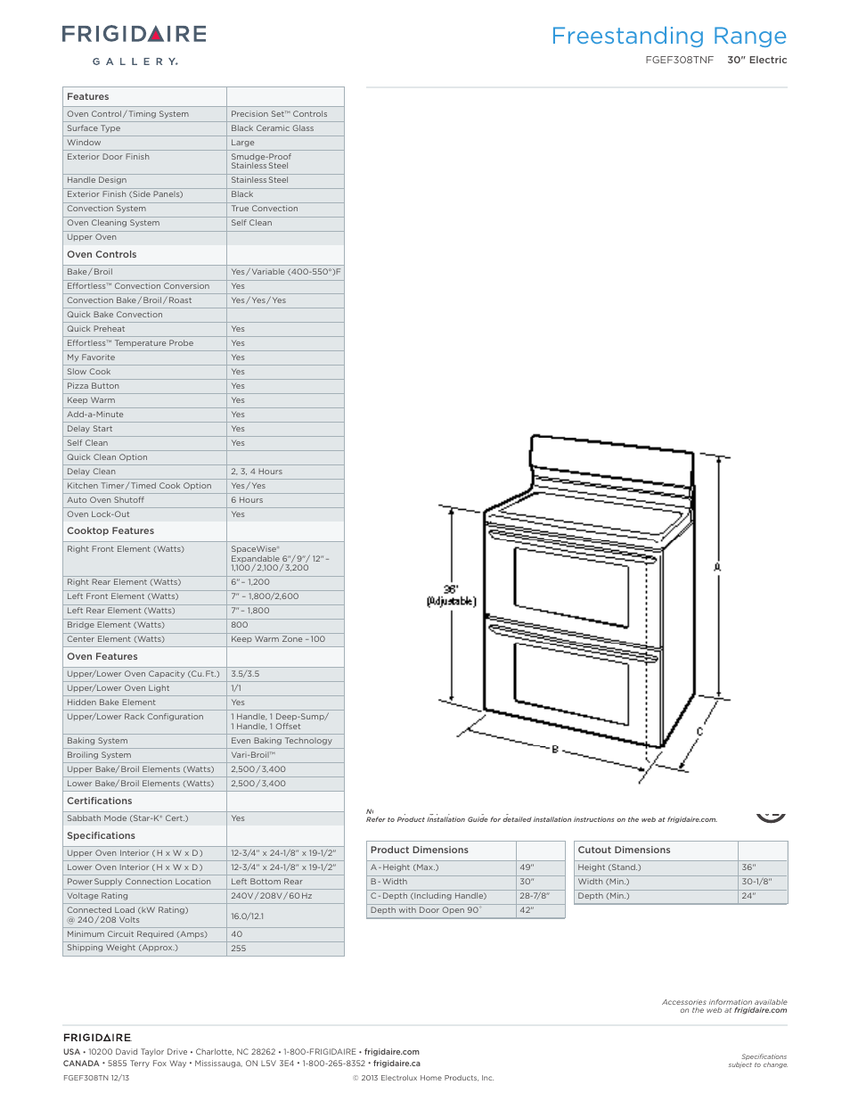 Freestanding range | FRIGIDAIRE FGEF308TNF User Manual | Page 2 / 7