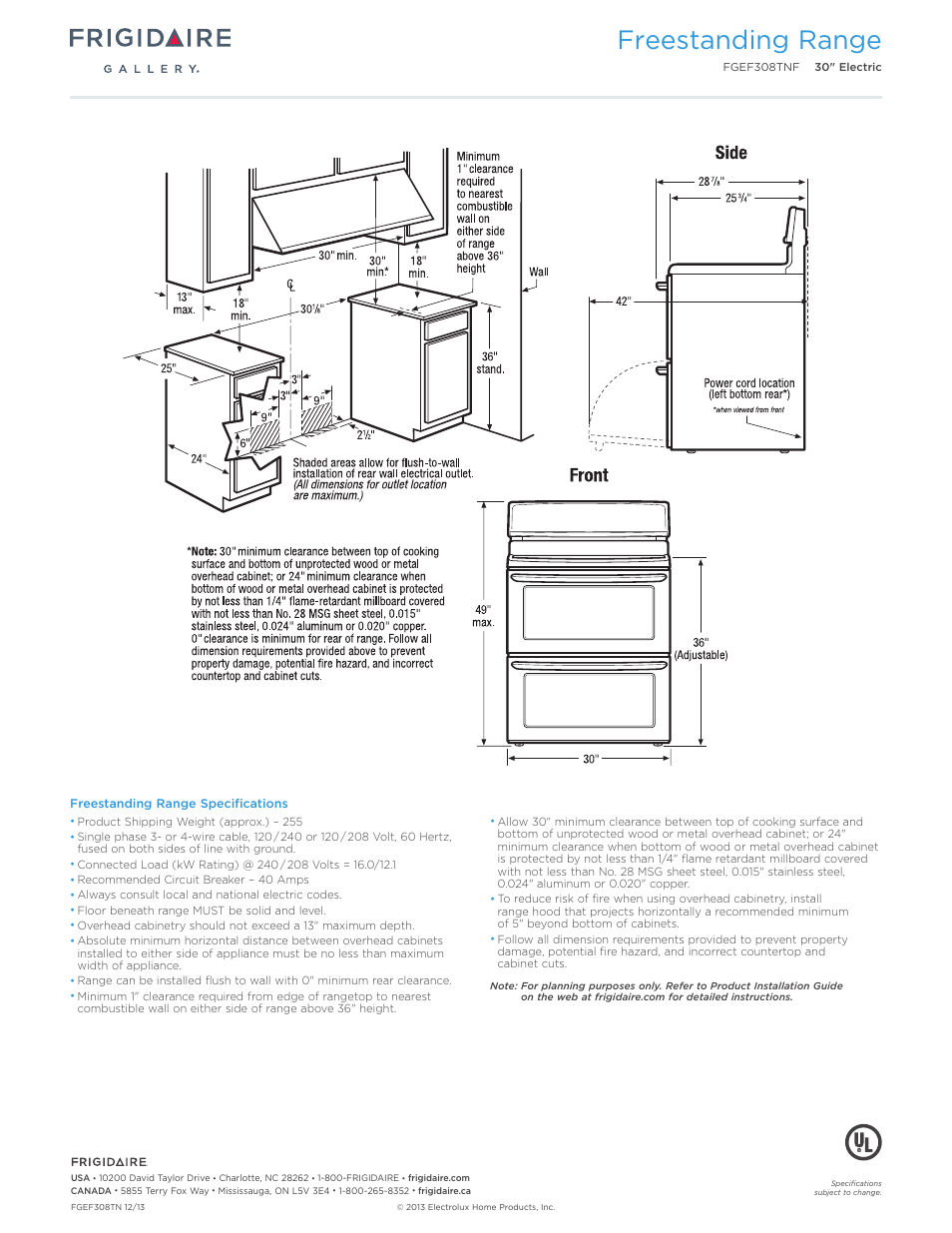 Freestanding range | FRIGIDAIRE FGEF308TNF User Manual | Page 3 / 7