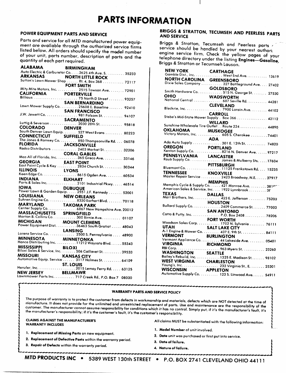 Parts information, Power equipment parts and service, Alabama birmingham | New jersey bellmawr | Bolens 198-954A User Manual | Page 10 / 10